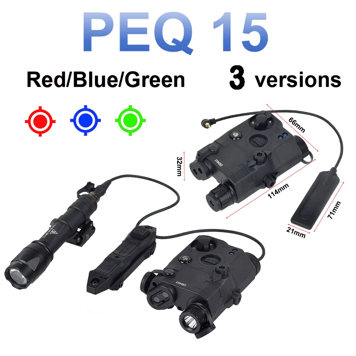 

Tactical PEQ 15 UHP AN PEQ-15 LA5C Red Green Blue Laser LED Light 20mm Rail Scope Rifle Airsoft Hunting Accessories