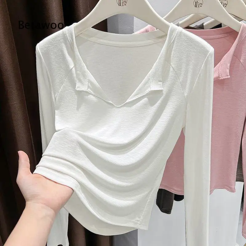 Half Open Neck Sun Protection Long Sleeve T Shirt For Women Cool Thin Modal Slim Fit Inner Top Delicate Aesthetic Garment For S