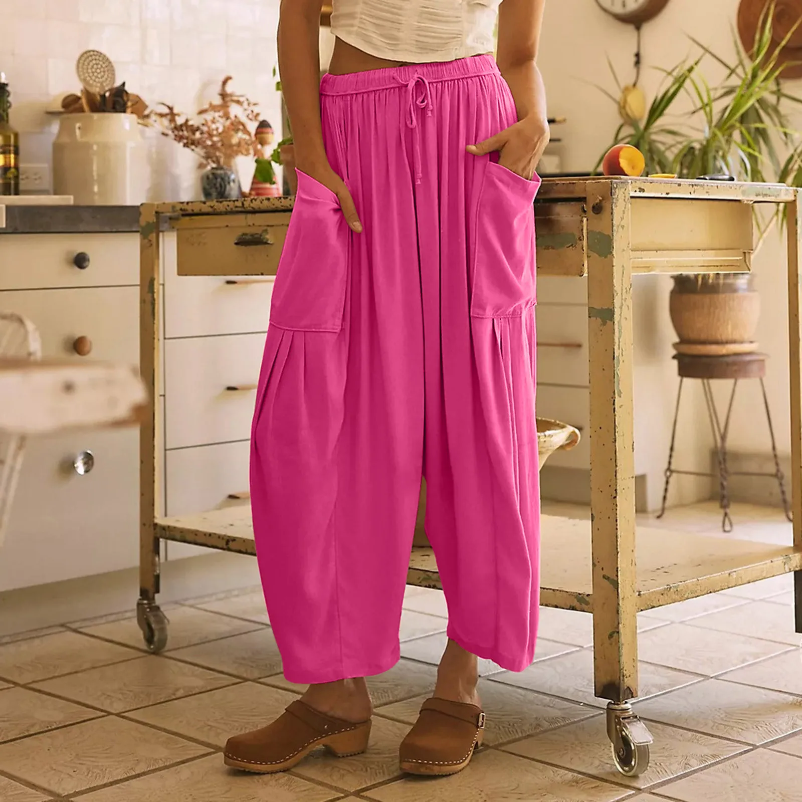 

Women Plus Size Wide Leg Linen Pants Mid Waist Summer Baggy Pants Ladies Solid Color Comfortable Streetwear Drawstring Trouser