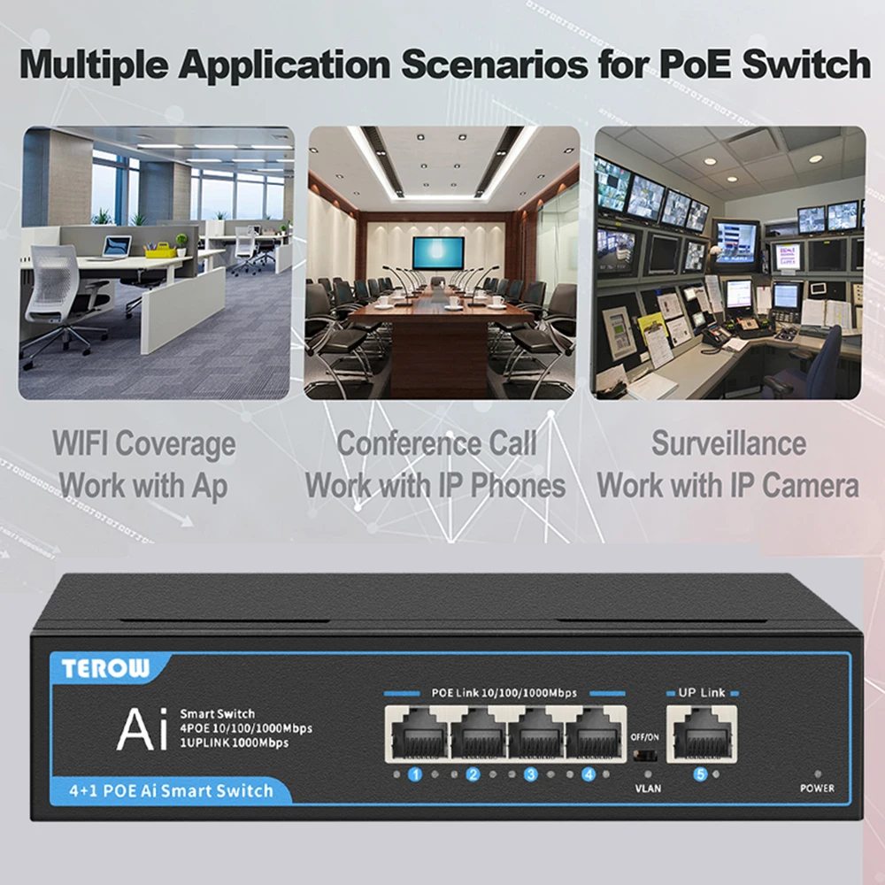 5-портовый гигабитный коммутатор POE, сетевой коммутатор Ethernet 1000 Мбит/с, 52 В, 65 Вт, с быстрым портом RJ45 POE и Uplink для IP-камеры/беспроводной точки доступа