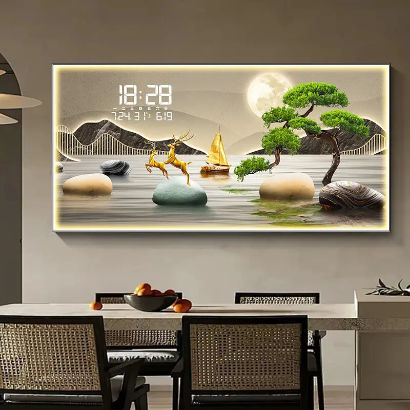 LED Crystal Porcelain Painting Wall Art Digital Clock Landscape Diamond Art Frame For Restaurant Decoration Canvas Support Base - view 5