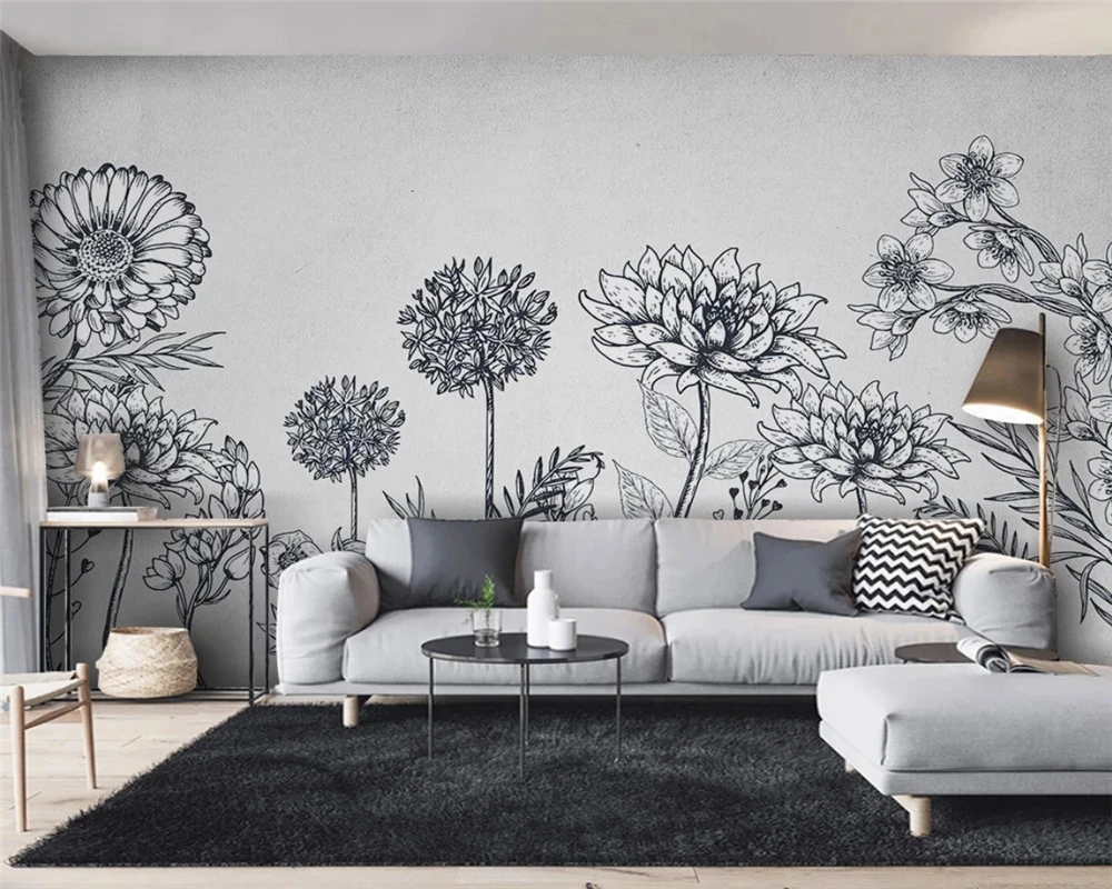 Custom Mural Nordic minimalist hand-painted gray white flowers personality wallpaper Living room sofa TV background wall bedroom