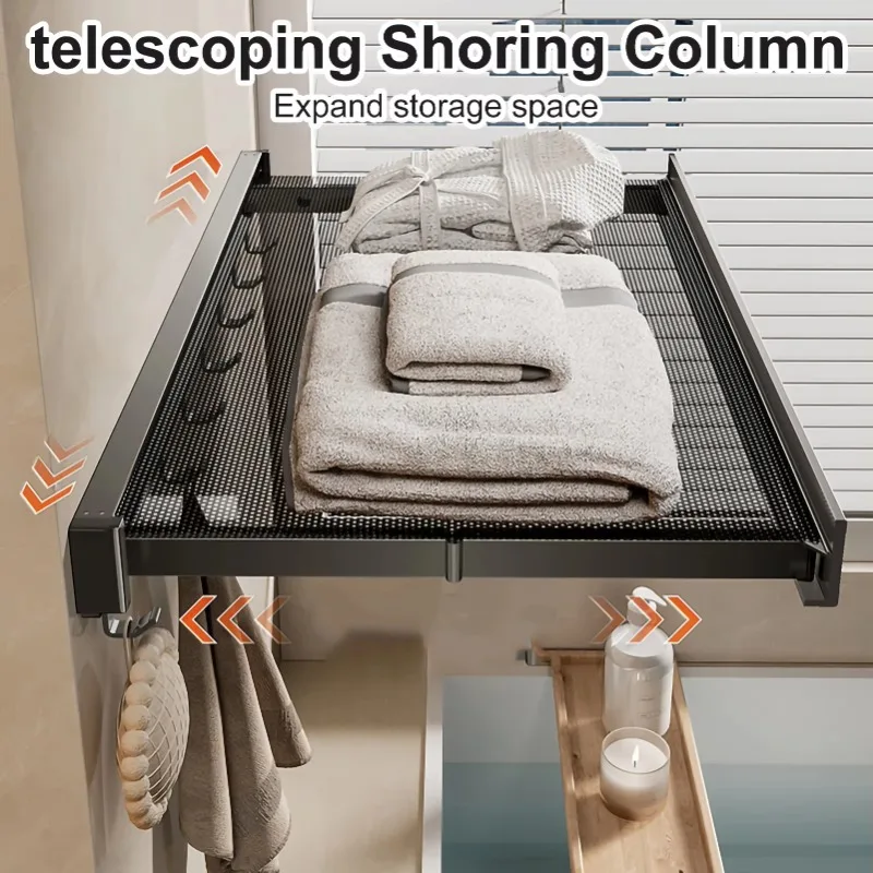 Foldable Bathroom Bath Towel Rack Clothes and Hat Rack with Hooks Punch-Free Towel Toilet Storage Storage Shelf