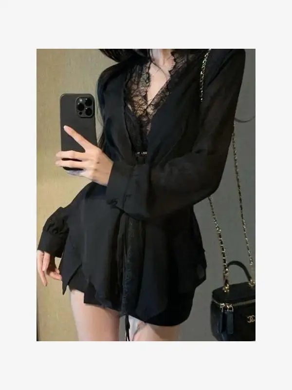 Bla Lace Splice Belt V-ne Long Sve irt Women's Slim Fit Waist-cinching Design Pure Desire Top Commute Sle