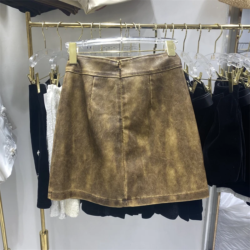 تنورة نصف جلد PU بمزاج متطور لخريف المرأة، تنورة قصيرة جديدة للفتيات الحارة بتصميم عتيق عالي الخصر على شكل حرف a #4