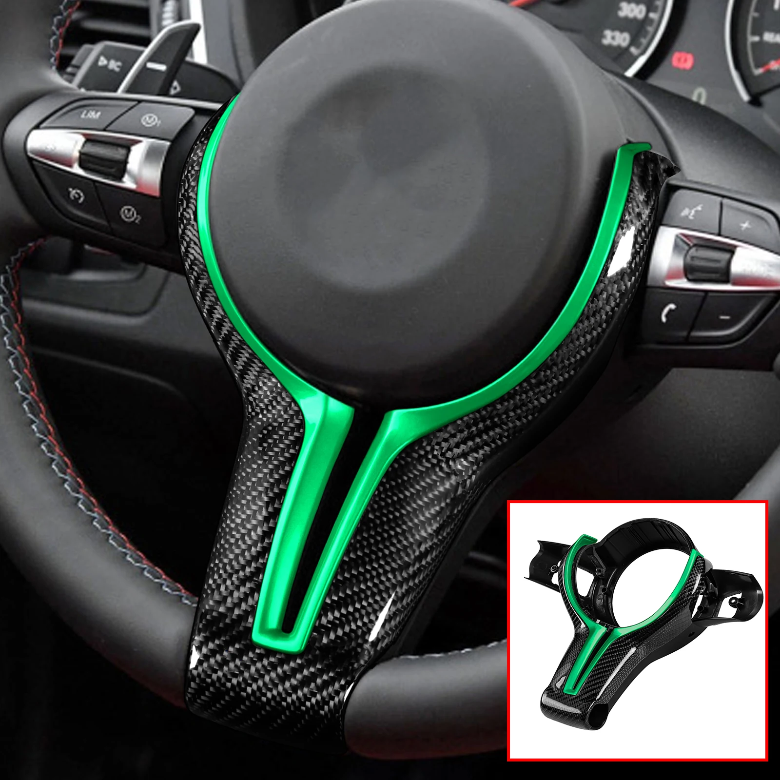 Carbon Fiber Steering Wheel Trim Replace Fit For BMW M X5M X6M Series 1-6 M6 F06 F12 F13 2013-2018 Green Set