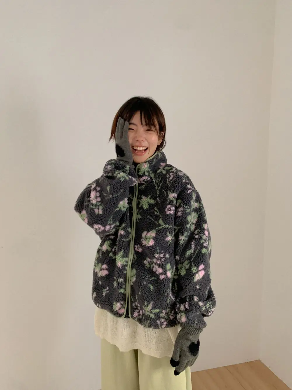 

Autumn Winter Korean Chic Style Floral print Woolen Jacket Women's Casual Loose Lamb Fur Korean Style Zipper Warm Coat Female