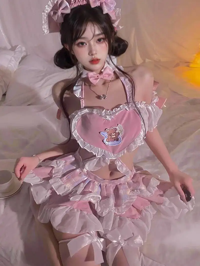 Seksowna, słodka sukienka nocna typu halter z motywem pokojówki, piżama \"Little Maid Pure Desire\" dla kobiet, elegancka różowa, słodka mini sukienka w stylu koreańskim, rozmiar 15E