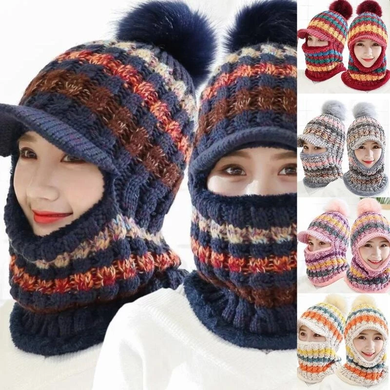 Winter Knit Balaclava Hat Cycling Face Covering Winter Warmer Striped Gaiter Hat