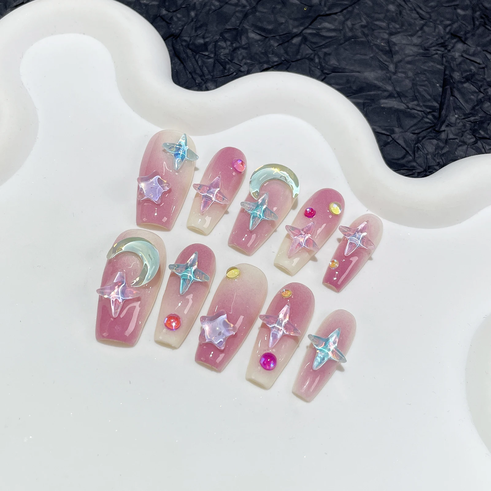 Handmade Fake Nails With Dopamine Star Moon Decor Press On Acyrlic Nails Pink White Gradient False Nails Long Y2k Nails Ballet