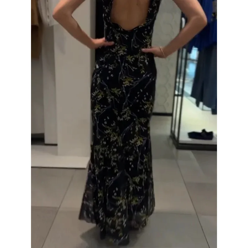 Vestido feminino vintage com suspensório para férias, estampa floral, malha, decote em v, halter, maxi vestido, novo verão, praia, festa