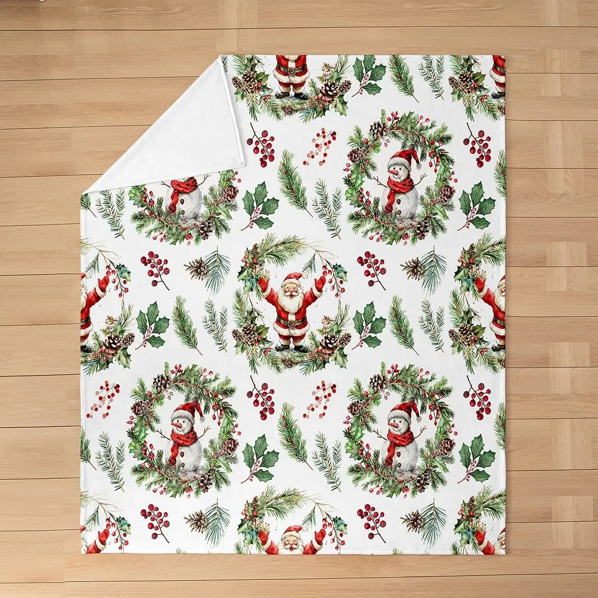 Cartoon Santa Claus Flannel Blanket Queen Cute Xmas Snowman Fleece Blanket Winter Red Berry Pine Branches Leaf Fuzzy Plush Throw