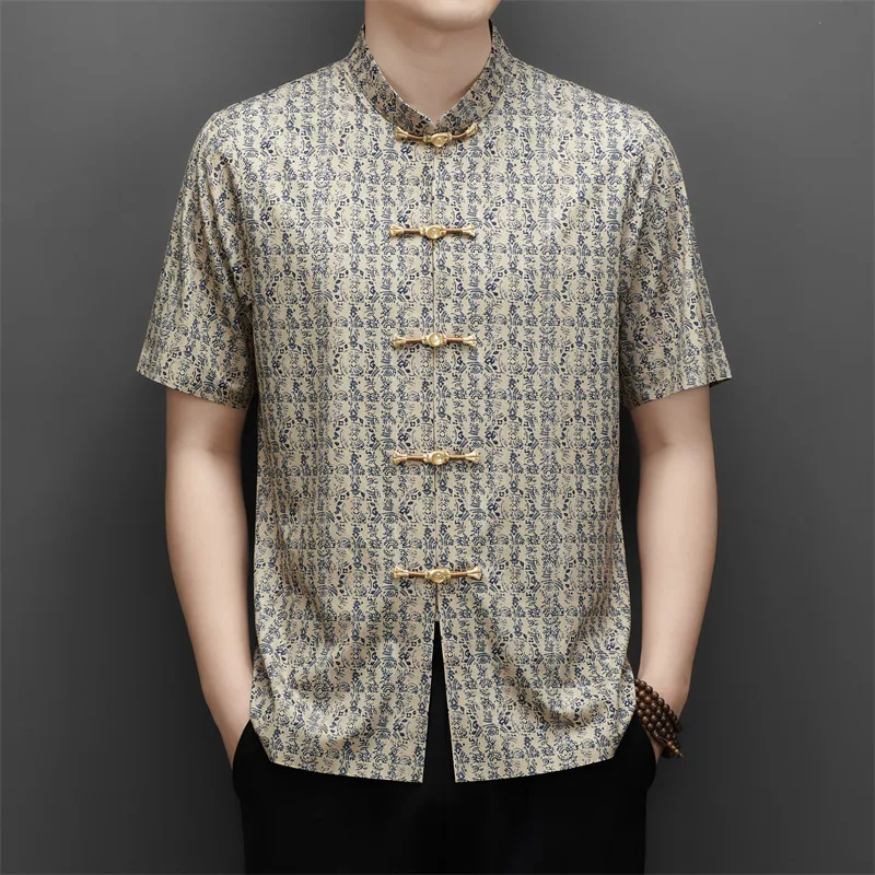 National Style Premium Shirts For Men Short Sleeve Skin-Friendly Summer Quality Tang Costume Frog Button Print Camisas De Hombre