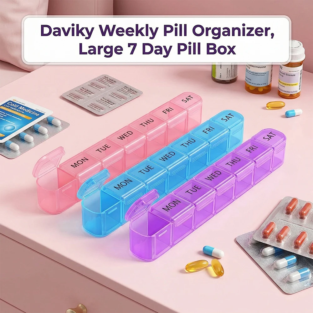 Daviky Weekly Pill Organizer, Large 7 Day Pill Box, Travel Pill Case, Daily Pill Dispenser for Vitamins, Medicines, Supplements