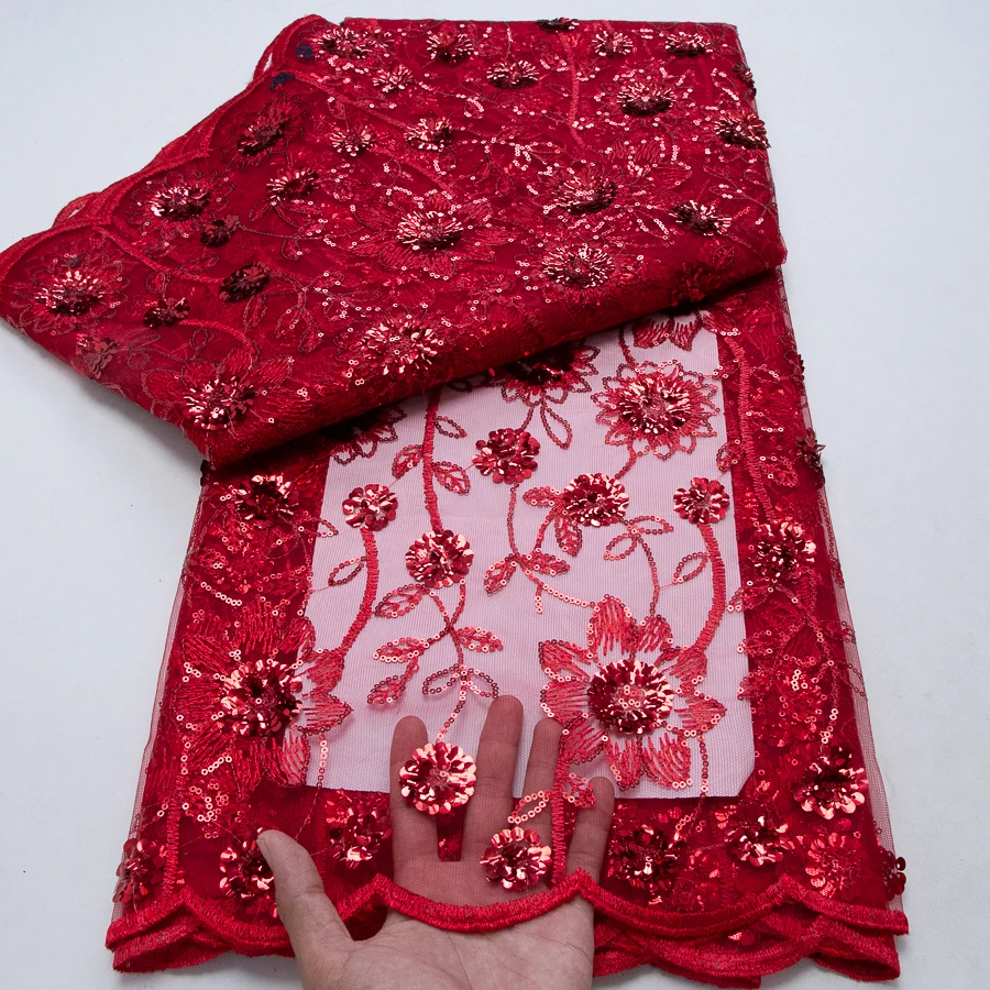

Красная французская сетчатая тюлевая кружевная ткань высокого качества 2026, вышитая, 5 ярдов, африканская кружевная ткань с пайетками, нигерийская, для шитья женской одежды своими руками