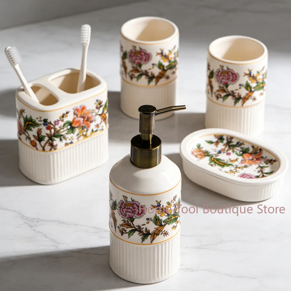 Antique Blue Flower Bathroom Wash Five Piece Set American Retro Ceramic Wash Bathroom Supplies Set Wedding Wash Set