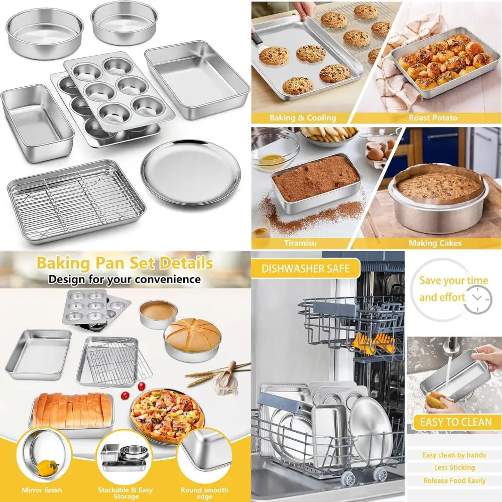 

9 pcs bakeware set, p&p chef stainless steel kitchen bakeware pans, including toaster oven pan/cooling rack/lasagna pan/round ca