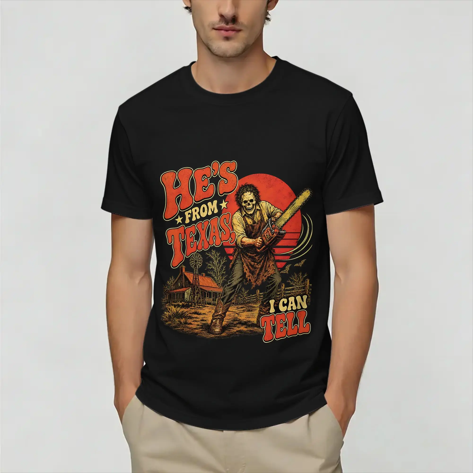 Men's T-Shirt He's From Texas I Can Tell Chainsaw Horror Creative Cotton Tee Shirt Short Sleeve  T Shirts Round Collar Tops