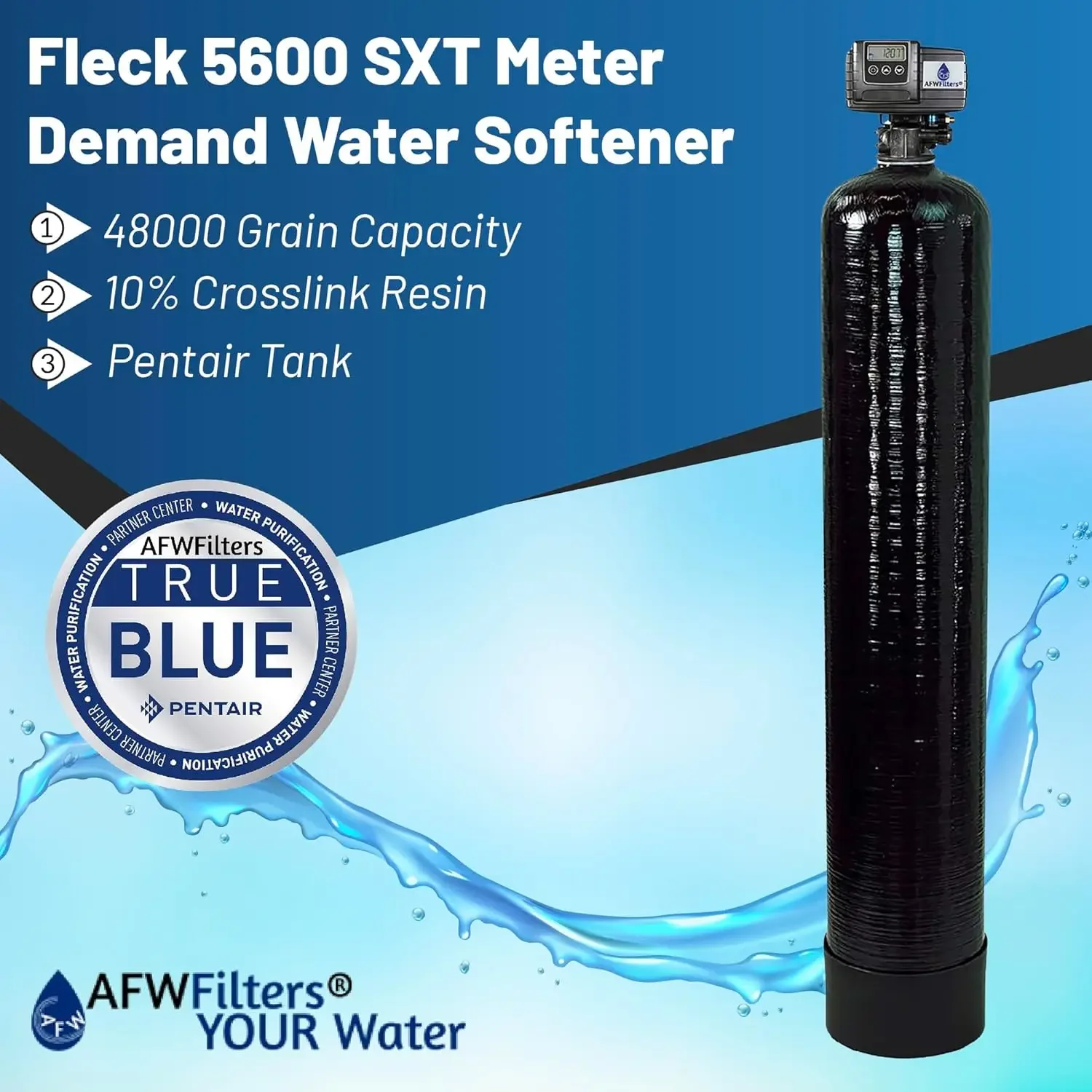 Premium Fleck 5600 SXT Meter Demand Water Softener - 48,000 Grain Capacity with 10% Long Life Crosslink Resin