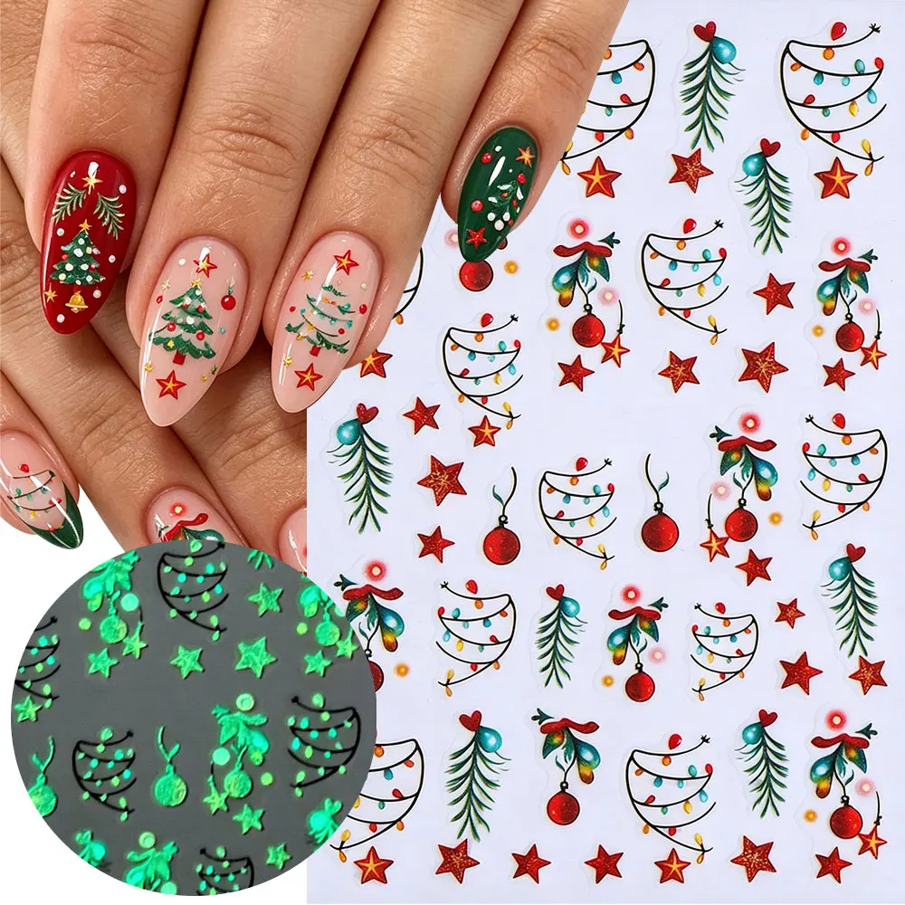 1PC 3D Luminous Colorful Light Christmas Nail Stickers Green Pine Branch/Red Bauble Star Nail Decals Adhesive Holiday Nail Decor