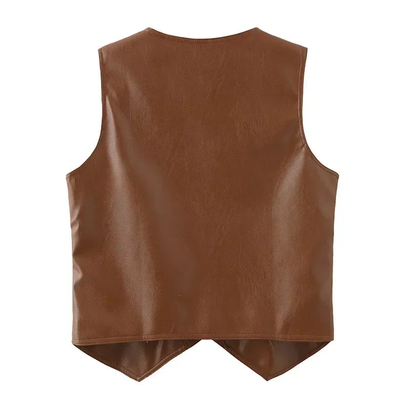 PU Leather Women Suit 1 Piece Short Vest Waistcoat Formal Office Lady Business Work Wear Fashion Girl Brown Sleeveless Coat