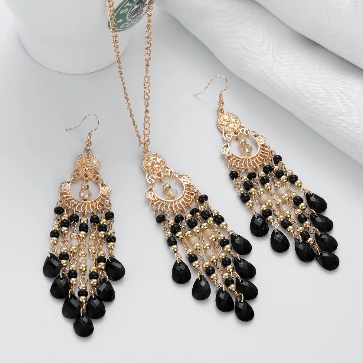 Bohemian Multicolor Crystal Long Tassel Dangle Earrings Necklace for Women Hangers Retro Gold Plated Geometric Wedding Jewelry