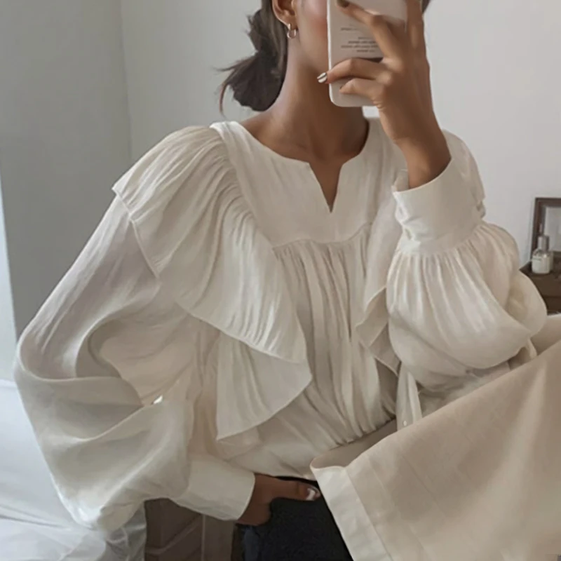 Elegant Women Loose Ruffled Blouse New Lantern Long Sleeve Korean Fashion Pleated Shirt Casual Simple Spring Autumn Tops 201