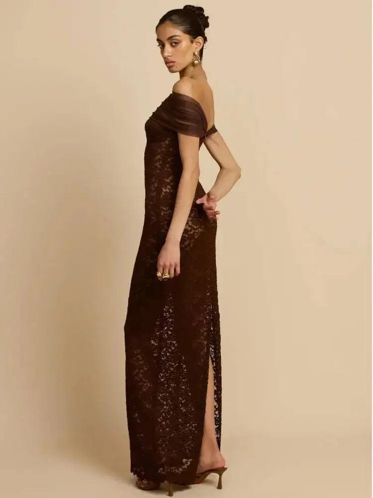 Blifanbo Elegant Off-Shoulder Lace Patchwork Maxi Dress Women Sexy Backless Slim Sleeveless Party Evening Dress Autumn Vestidos
