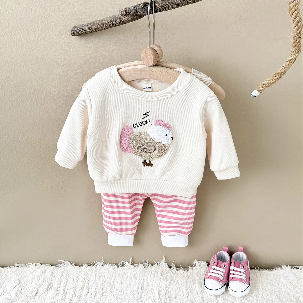 0-3 Year Baby Clothes Newborn Cartoon Hen Embroidered Infant Girls Kid Long Sleeve Tops+Threaded Long Pants Spring 2Pcs/Sets