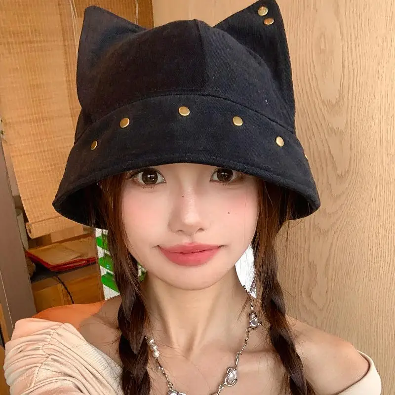1Pieces Cute Three-dimensional Cat Ears Rivets Personalized Bucket Hat Spring Autumn Mountaineering Scarf Christmas Gifts