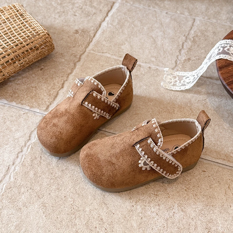 Mumoresip Little Girl Embroidery Mary Jane Shoes Simple Retro Suede Kids Leather Shoes Daily Outdoor Children Causal Flat Shoes