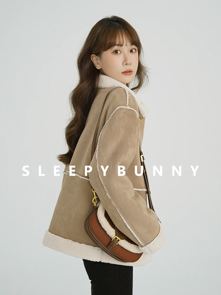 Faux Shearling Suede Jacket Women Winter Thick Warm Short Plush Coat Fleece Lined Fur-Look Outerwear Cold Weather Casual Style