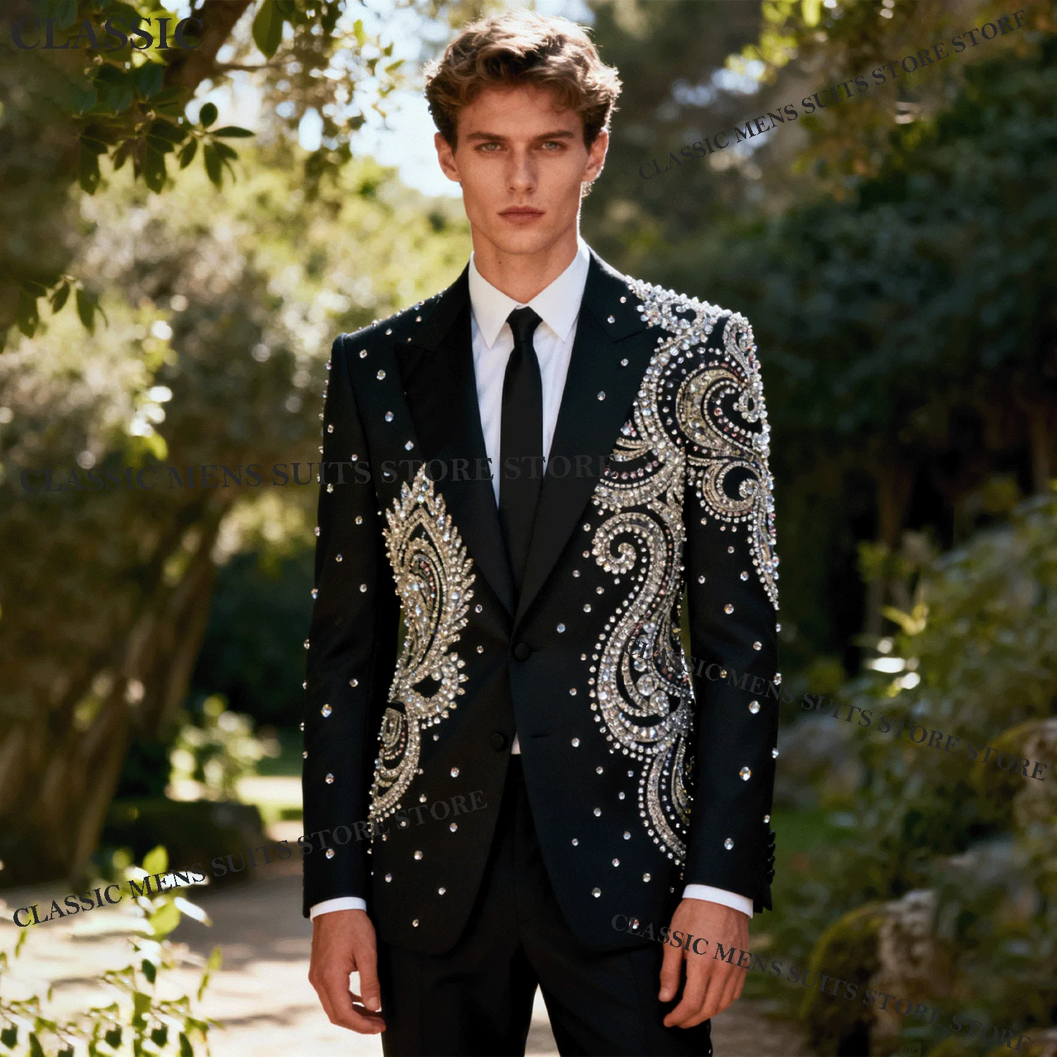 

Elegant Metallic Jewelry Ornament Tuxedo Men Customized Suits 2 Piece Wedding Groom Male Prom Blazer Slim Party Ternos Completo