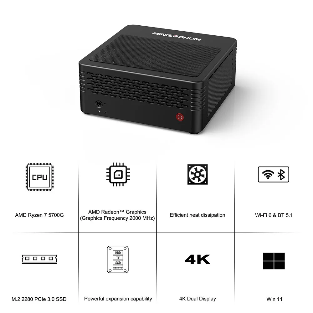 Minisworld-mini pc x500-5700g, amd ryzen 7, 5700g, octa core, windows 11, ddr4, 32 go, 512 go ssd, grande capacidade, computador de jogos hd