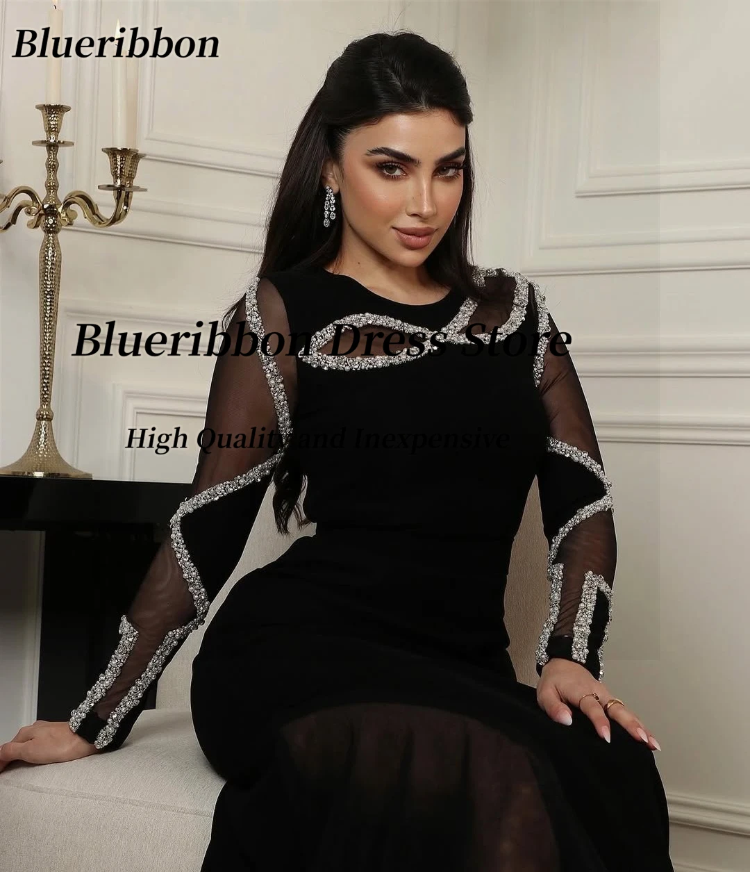 Blueribbon preto vestidos de baile 2025 o-pescoço miçangas mangas compridas vestido de noite sexy ver através de vestidos de festa de cocktail personalizado