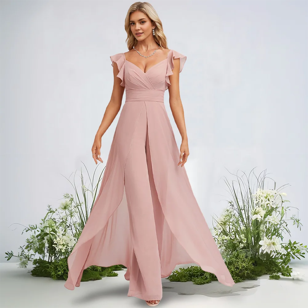 

Elegant Jumpsuit Bridesmaid Dresses V-Neck Floor-Length Chiffon With Ruffle Luxury Wedding Party Guest Cocktail Dress 2025​