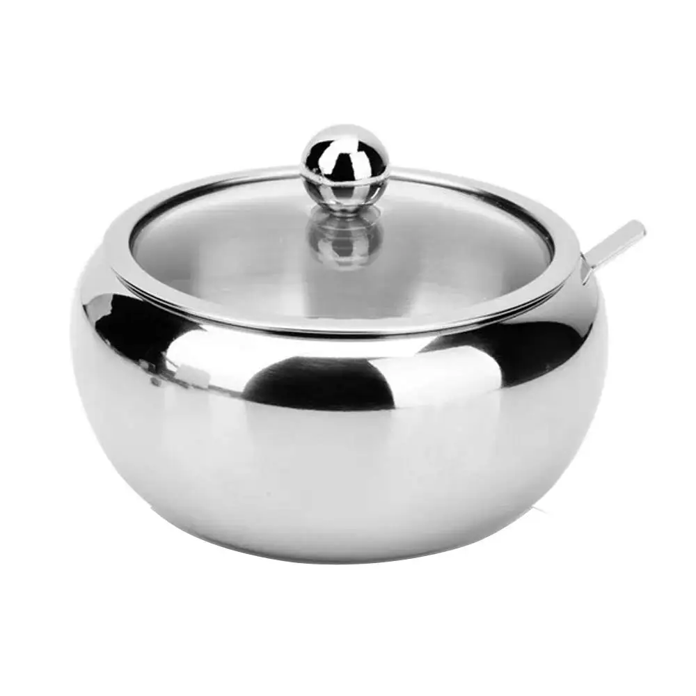 Stainless Steel Spice Storage Box with Spoon Spice Village Jar with Glass Lid Sugar Bowl