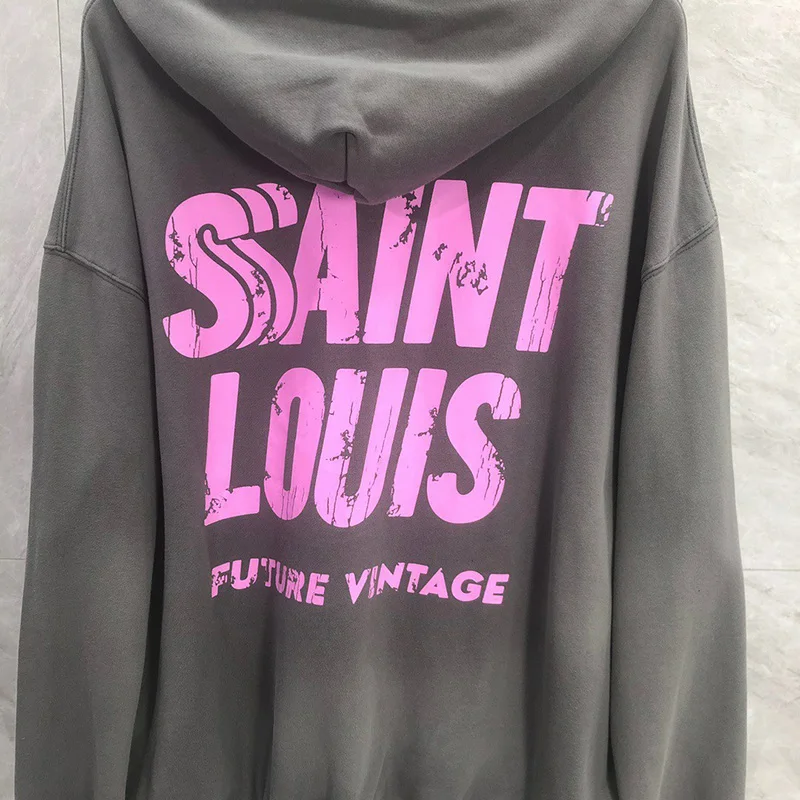 Splashing Ink Letters Logo SAINT LOUIS Hoodie Hooded Men Women Best Quality Cotton Oversized Vintage Washed Damaged Pullovers