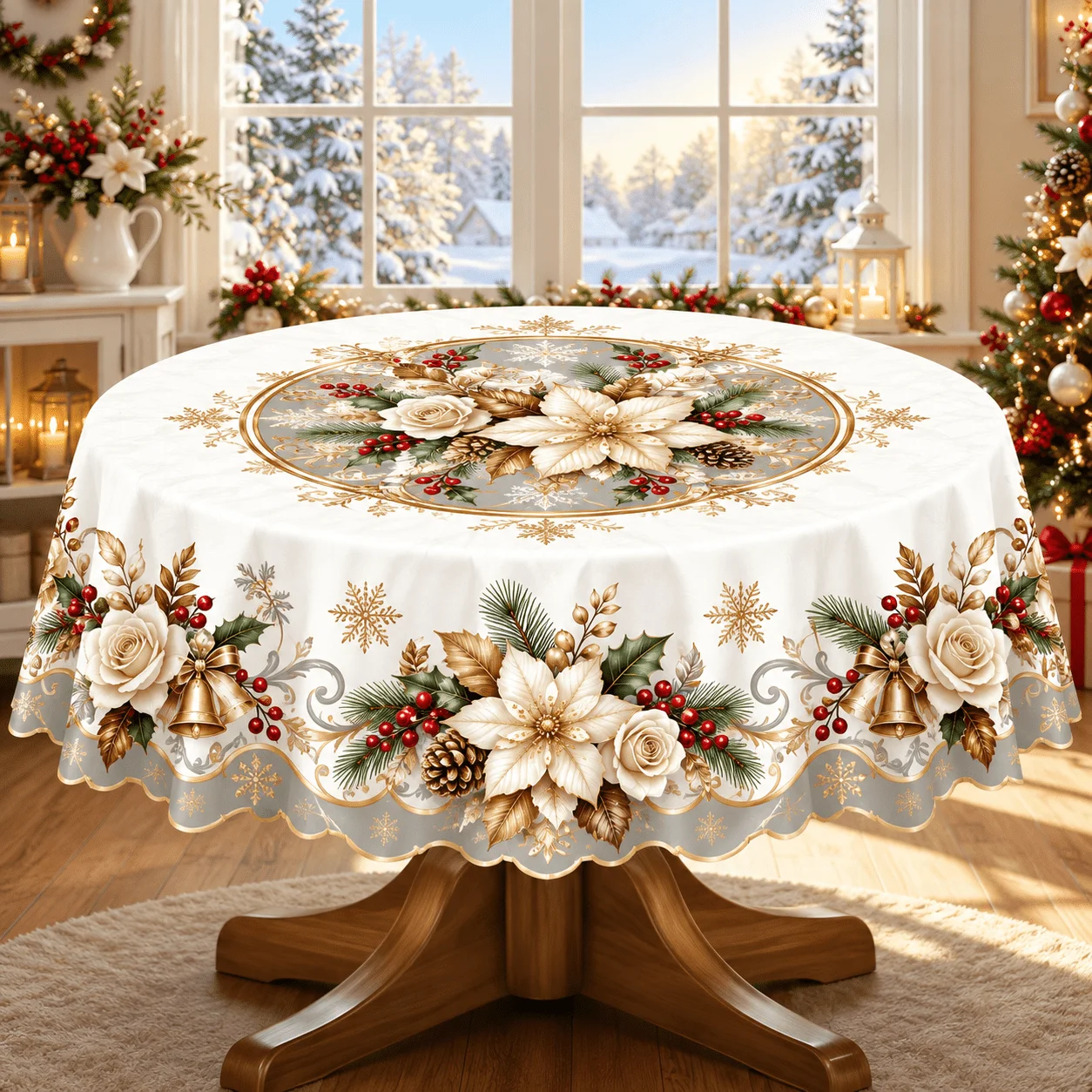 1 round tablecloth, Christmas platinum floral print polyester tablecloth, cream white background, white poinsettia
