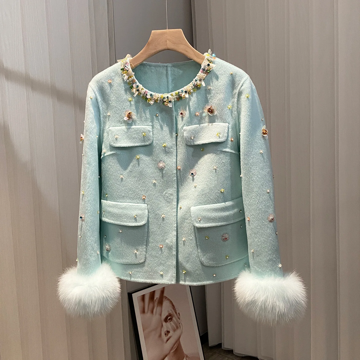 

2025 Winter Real Natural Fox Fur Cuffs Coat Wool Jacket Woolen Ladies Outwear Female Coat Women Luxury Jacket