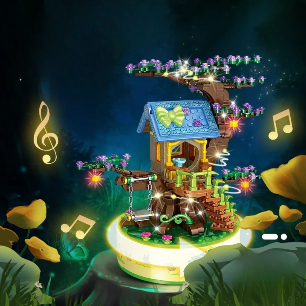 

MOC Rotating Fairy Tale Villa Treehouse Music Box Building Blocks Set Romantic With Light Toy For Children Birthday Holiday Gift