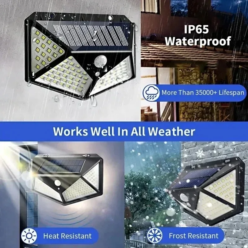 Smart Solar LED Wall Lights 100 LED Motion Sensor Outdoor Waterproof,Solar Charging Security Wall Lamp,Courtyard Garden Fence