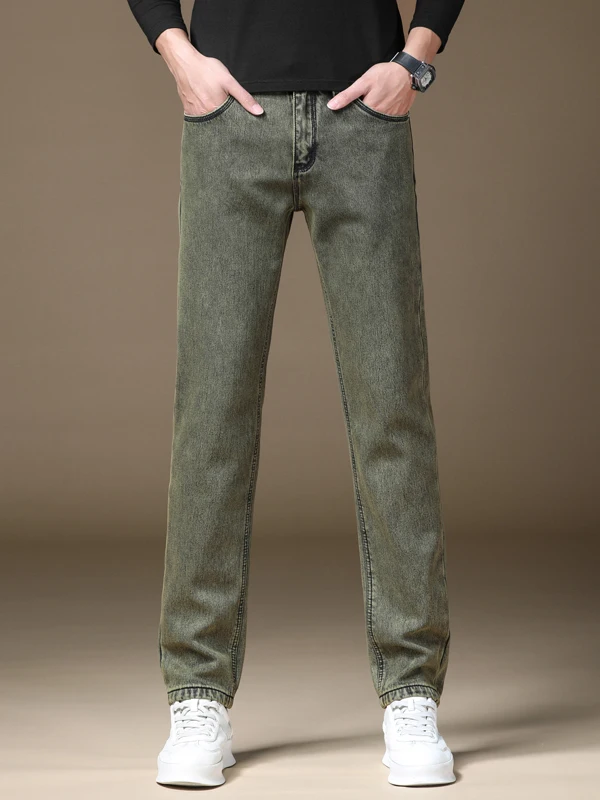 

Мужские джинсы прямого кроя с флисовой подкладкой, повседневные, осенне-зимние, европейский стиль, деловые, универсальные, длинные брюки
