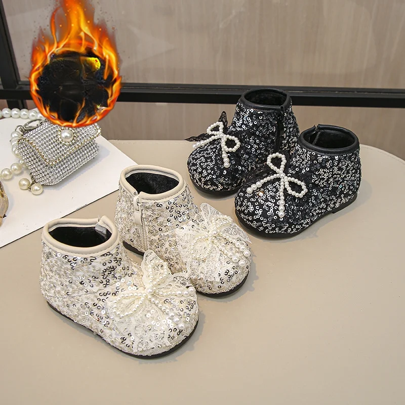 

Детские повседневные ботинки для малышей из искусственной кожи, туфли принцессы с блестками и жемчугом и бантом, зимние теплые черные, белые туфли для девочек, размер 15-26