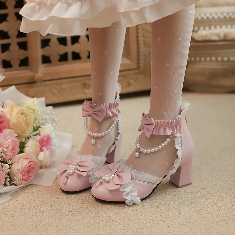 Plus Size Women Cute Lolita Summer Boots Girls Date Nights Sandals Beading Lace Zipper Cover Heel Closure Shoes Chic Sweet Bow