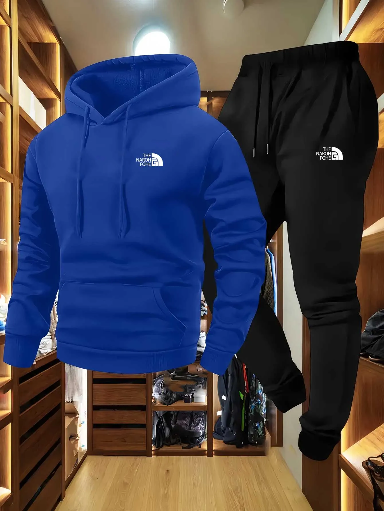 Outono e inverno masculino padrão casual conjunto de duas peças moletom com capuz e calças com bolsos ajuste regular esporte ao ar livre terno