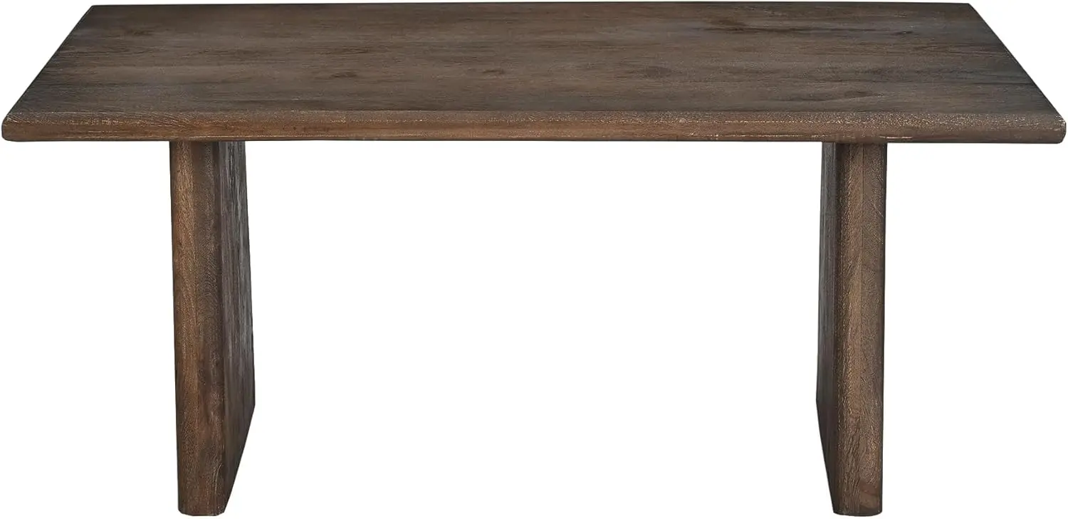 Plank Solid Wood Coffee Table Rectangular Mango Wood Tabletop with Trapezoid Legs, Modern Organic Design (Brown)