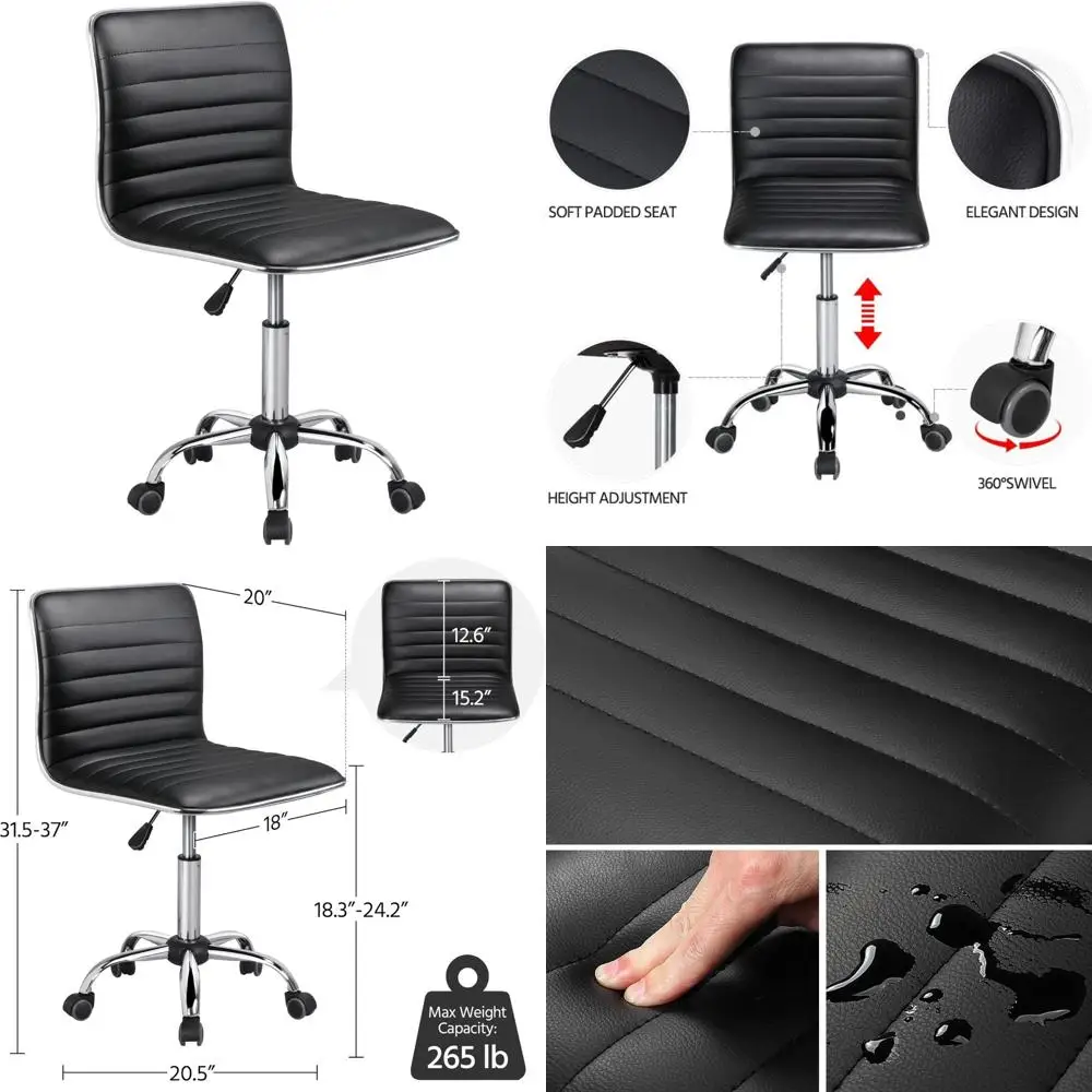 

Adjustable PU Leather Ribbed Armless Swivel Office Chair with Wheels, Black Low Back Desk Chair