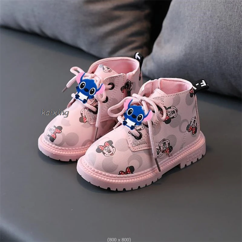 Lilo And Stitch Toddler British Spring Autumn Winter Children Boot Mickey Boys Girls Leather Boots Waterproof Non-slip Kids Shoe