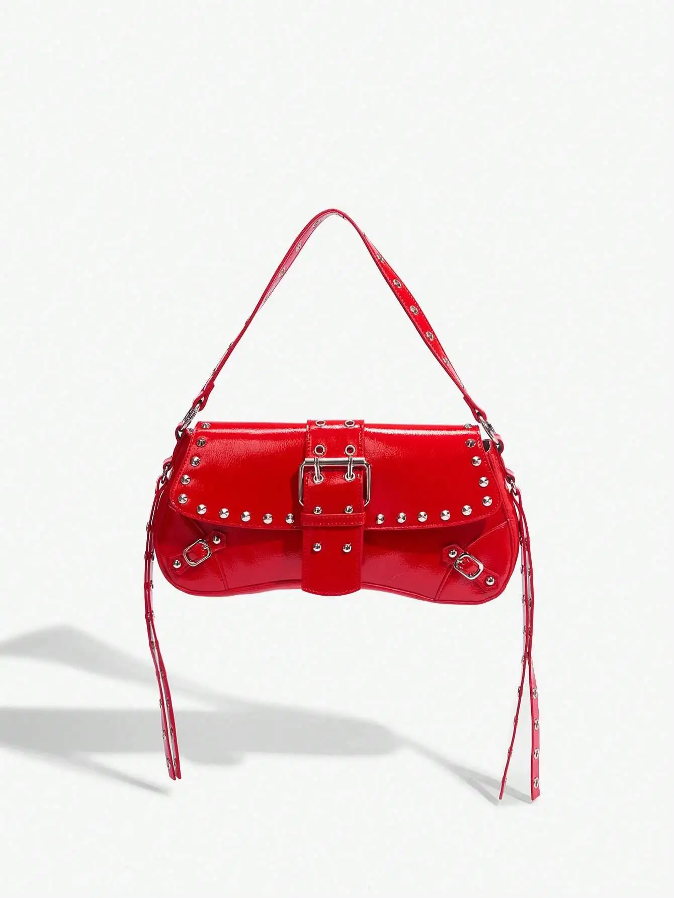 

Red Patent Leather Rivet Detail Shoulder Bag with Buckle Closure